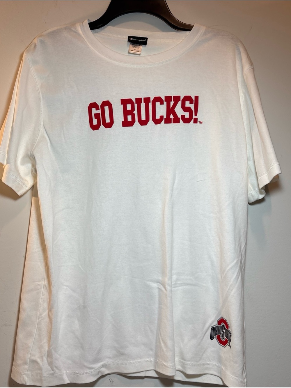Champion White Tee with Red "GO BUCKS!" Chest Print 556
